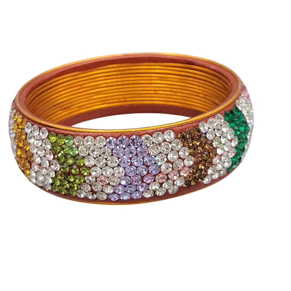 Encrusted Rhinestone Bangle Bracelet Copper Colored Metal Multicolored